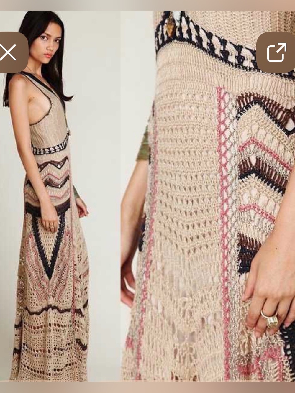 Free People Crochet Maxi Dress in Beige with Black & Navy Accents - Picture 3 of 6